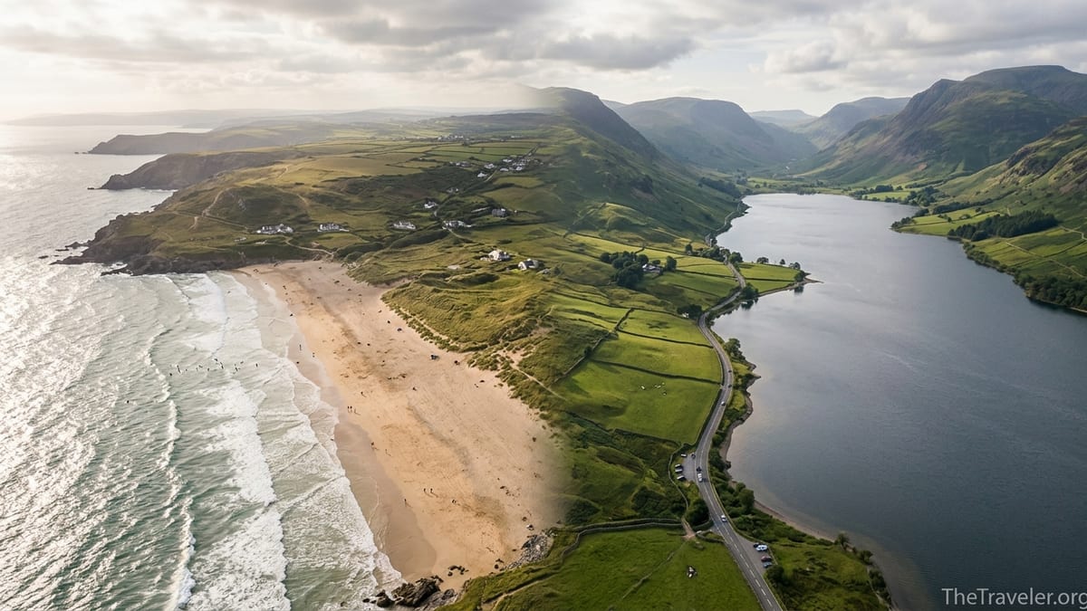 Aerial view contrasting a Cornish surf beach with a Lake District lake and surrounding fells.