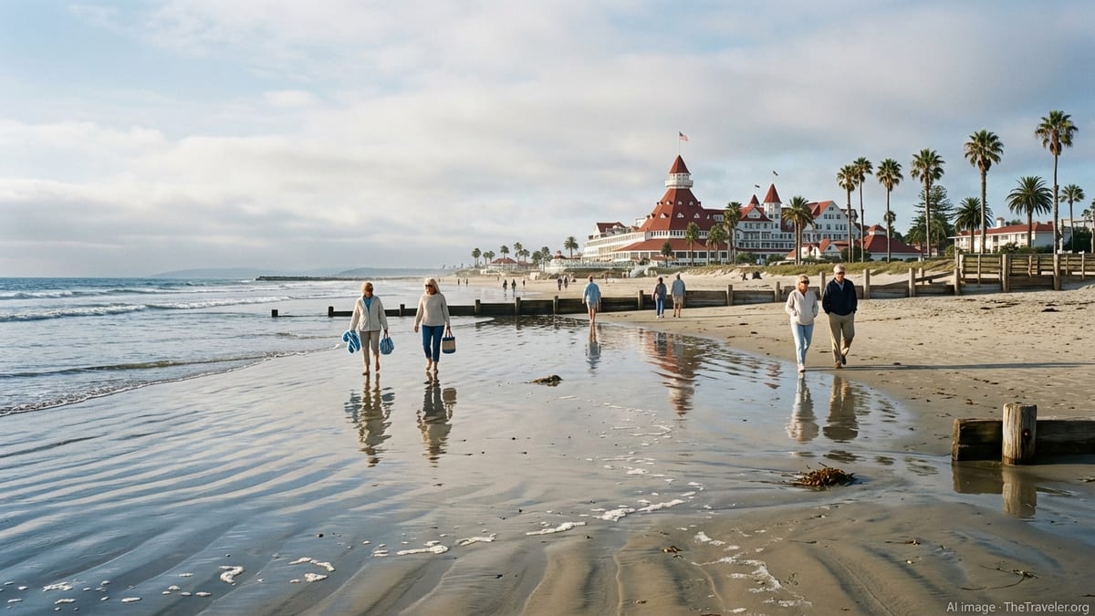 Coronado Beach at low tide with Hotel del Coronado and a few people on a mild day.