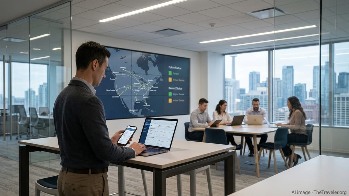 Business travelers in a North American office using laptops and phones to manage AI-driven corporate travel plans.