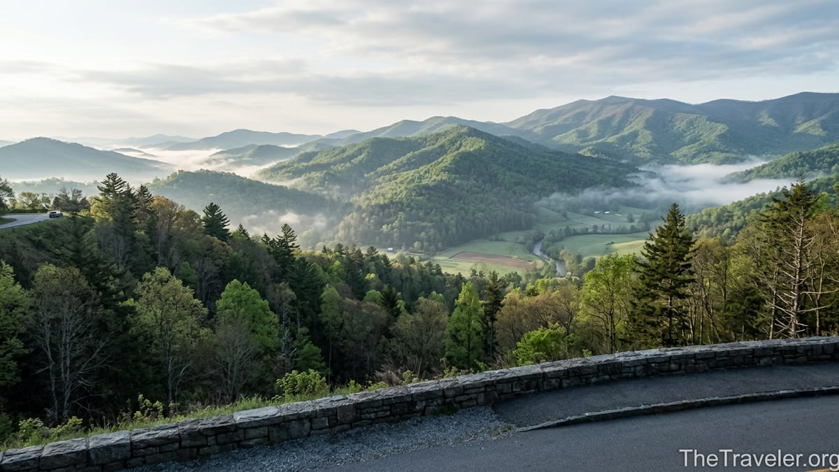 Misty mountain ridges and quiet overlook along the Foothills Parkway near Cosby, Tennessee.