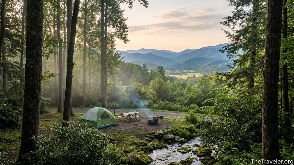 Quiet Cosby style Smokies campground at sunrise with forest and layered mountain ridges in the distance.