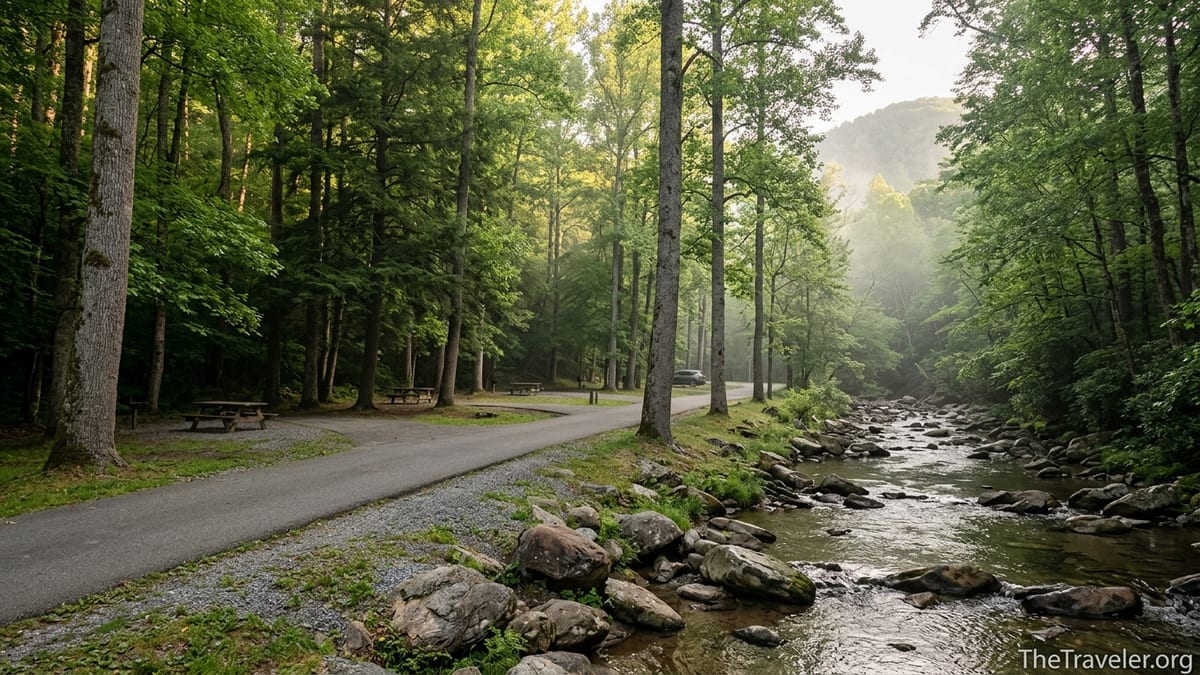 Quiet forested loop road and empty campsites at Cosby Campground in Great Smoky Mountains National Park.