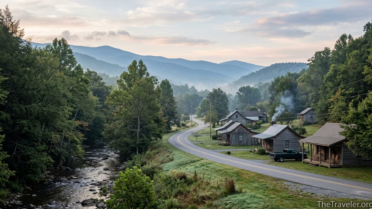 Quiet cabins and country road near Cosby, Tennessee with Smoky Mountain ridges at sunrise.