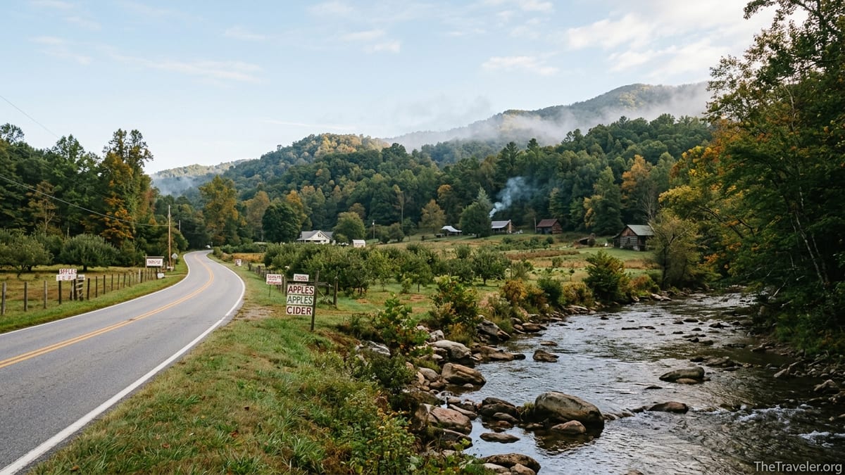 Quiet country road and creek near Cosby, Tennessee with Smoky Mountain ridges in the background.