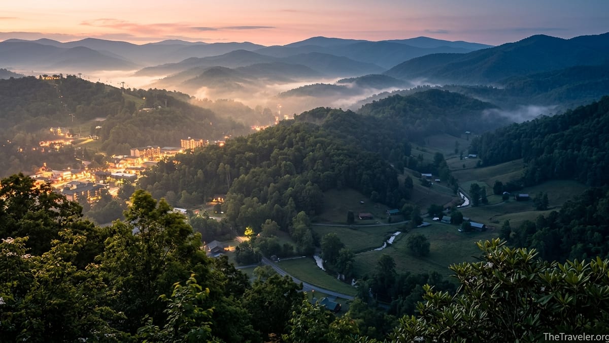 Smoky Mountains ridges at sunrise with Gatlinburg lights on one side and a quiet wooded valley on the other.