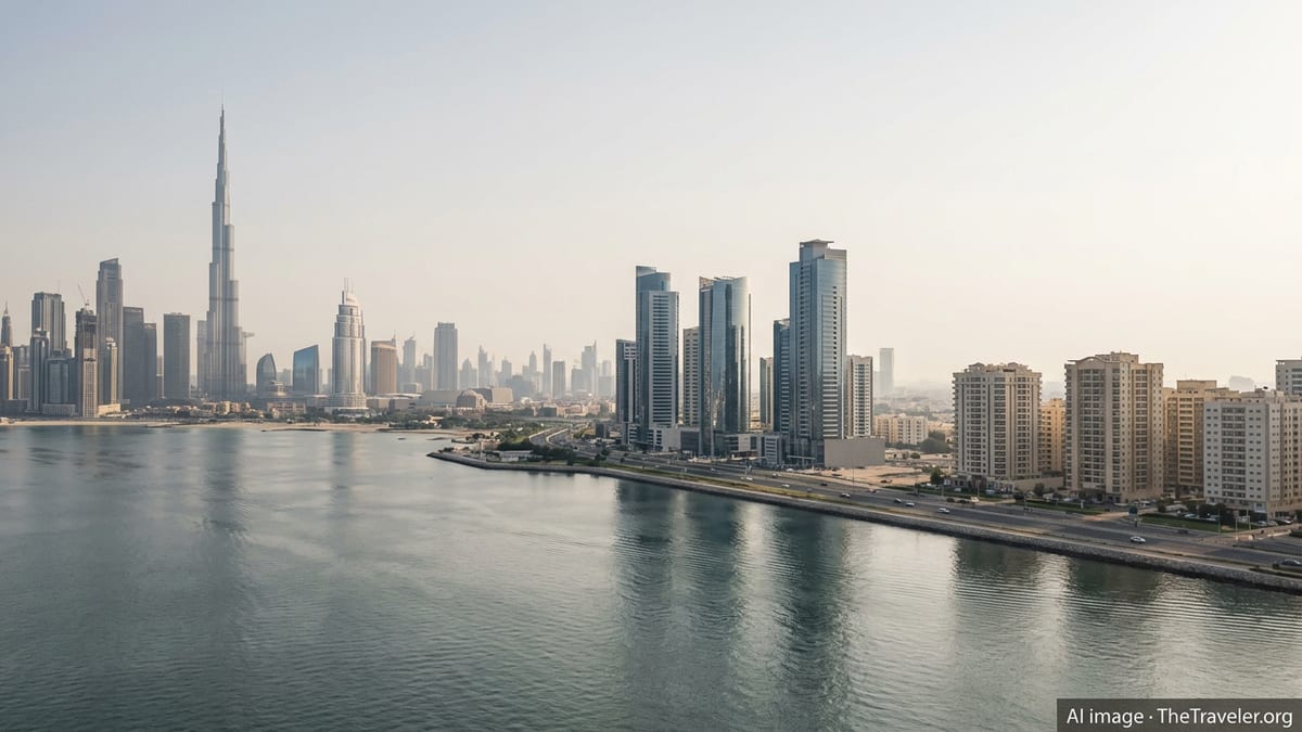 Skyline comparison of Dubai, Abu Dhabi, and Sharjah along the Gulf coast.