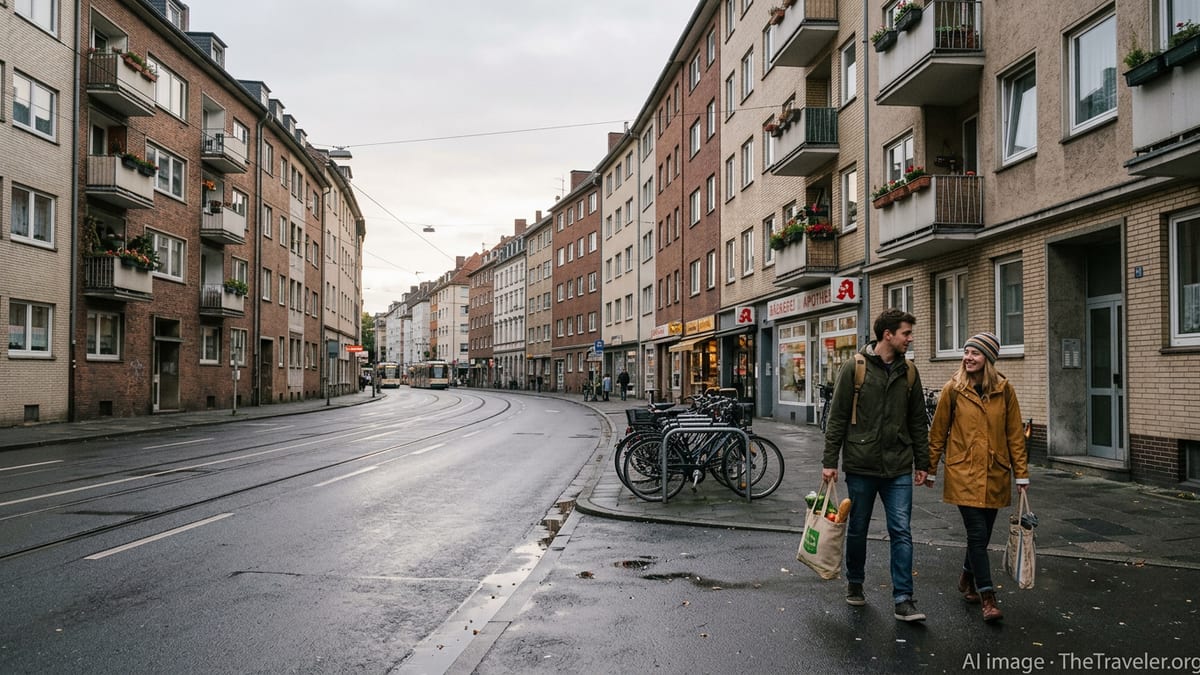 Couple walking in a German city residential street with apartments and shops