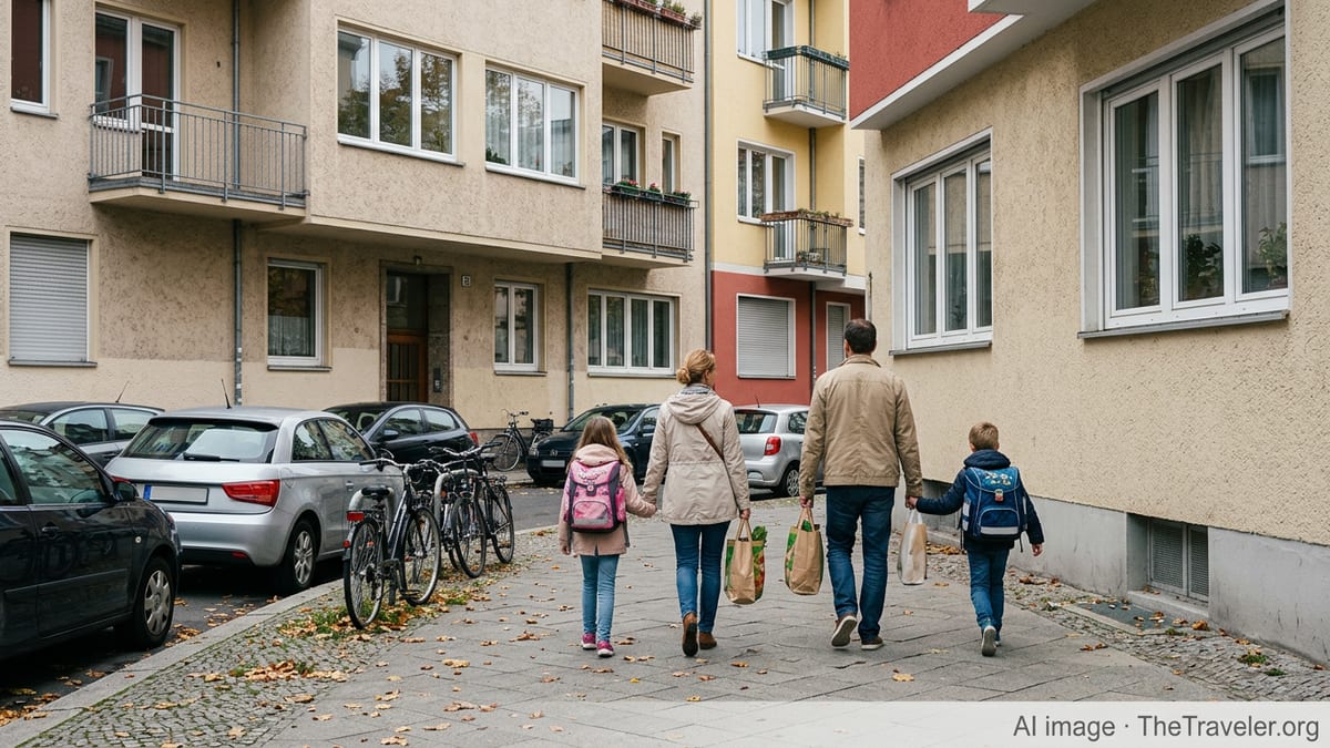 Family with children walking on a residential street in a German city neighborhood