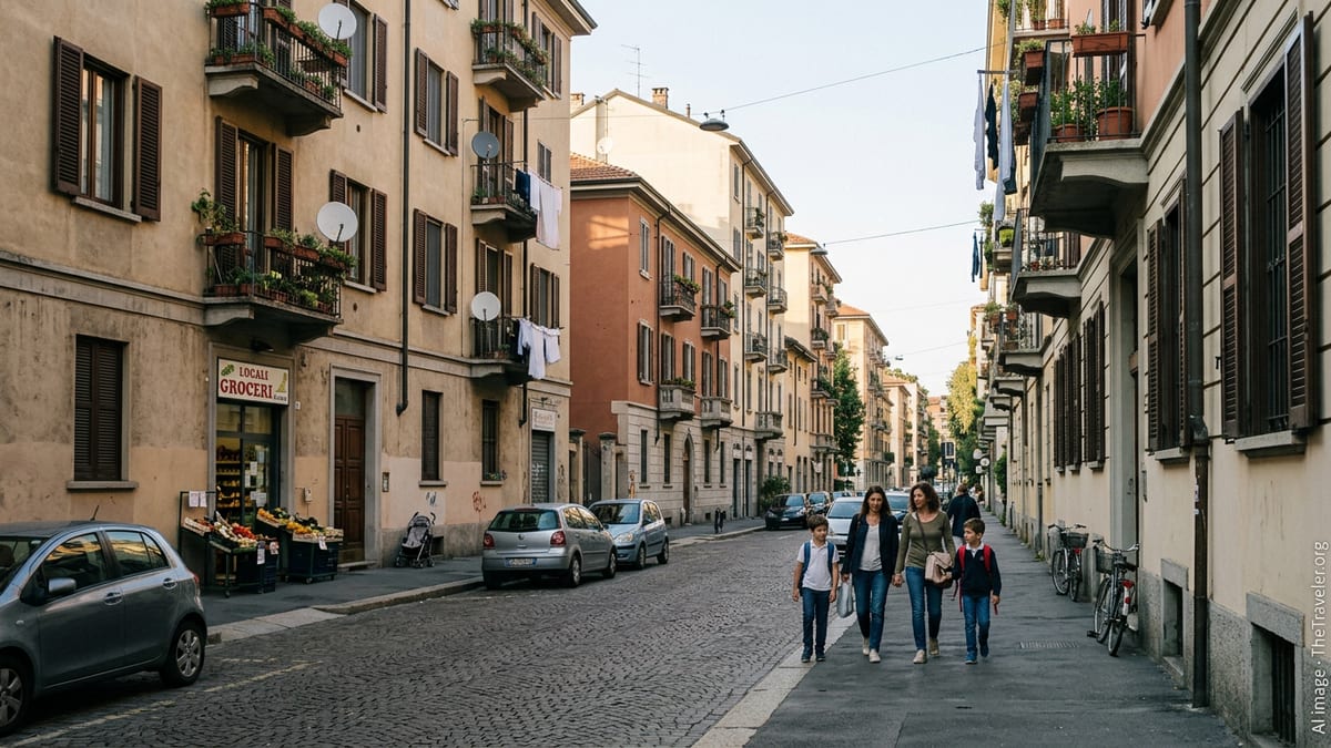 Family with two children walking through a typical Italian residential street at sunset.