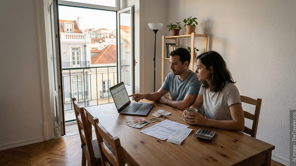 Couple in a Lisbon apartment reviewing household bills and budget at a dining table.