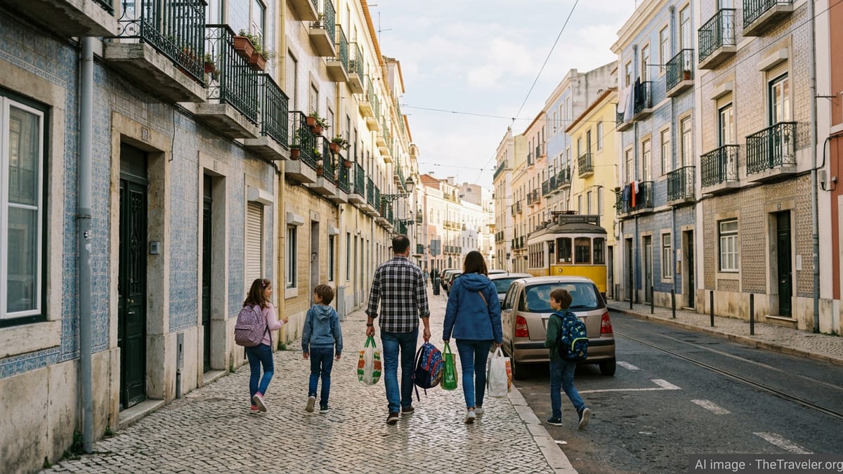 Family of four walking with groceries through a residential Lisbon street with apartments and parked cars.