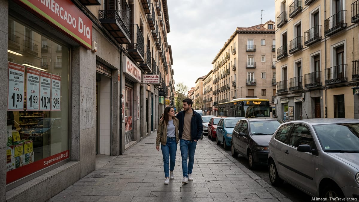 Couple walking past supermarkets and apartment buildings in a typical Spanish city neighborhood.
