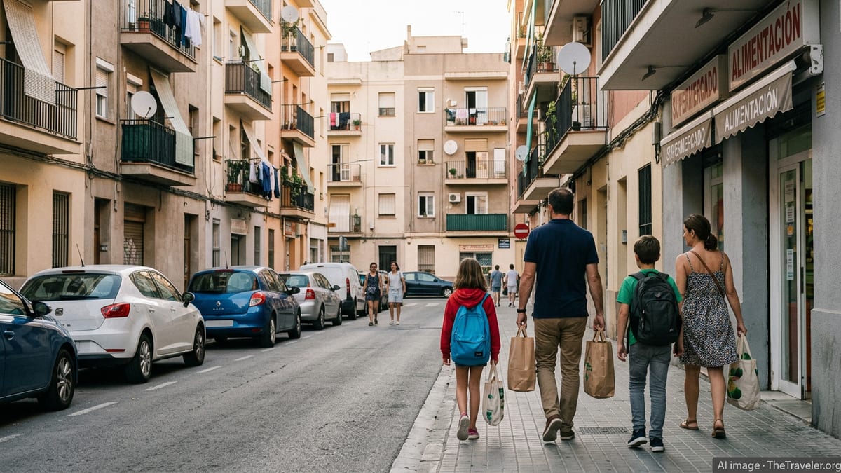 Family of four walking on a residential street in a Spanish city with apartments and shops.