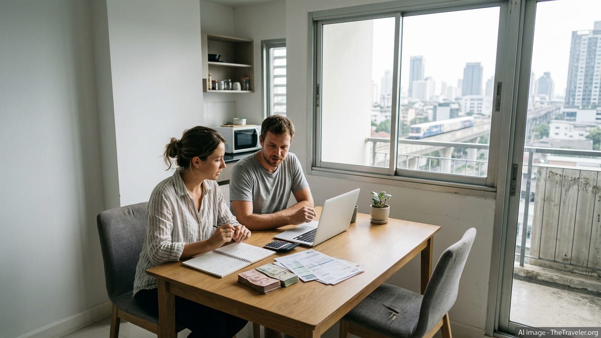 Couple reviewing monthly expenses at a dining table in a Bangkok apartment