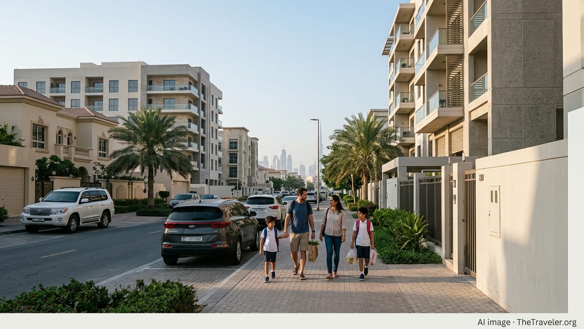 Family with children walking through a residential Dubai neighborhood in the morning