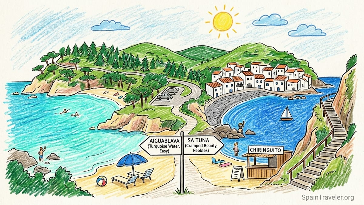 Turquoise Costa Brava cove with sandy beach, pine trees and whitewashed houses under a clear sky.
