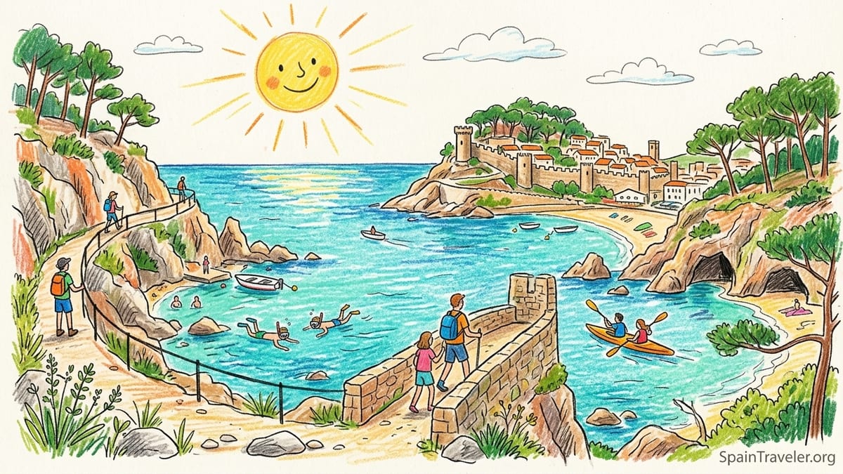 Sunrise over a rocky cove and coastal path on the Costa Brava near a whitewashed village.