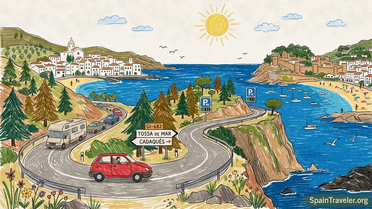 Small car parked above a winding Costa Brava coastal road with sea and village below.