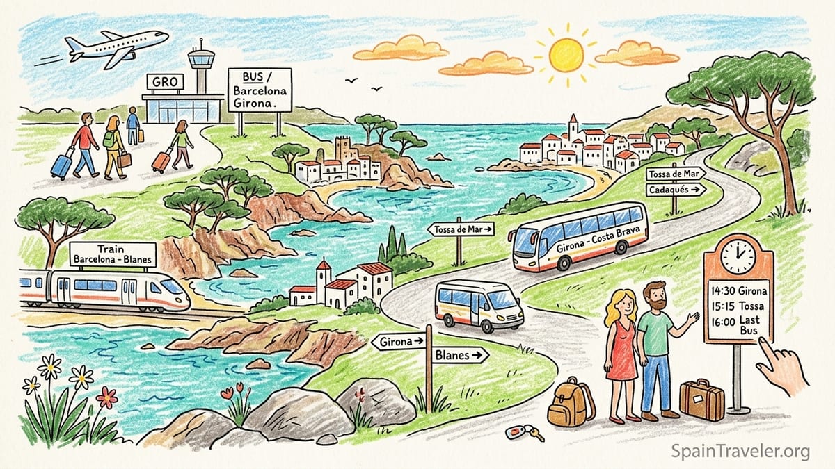 Passengers step off a local bus on a coastal road above a rocky cove on Spain’s Costa Brava.