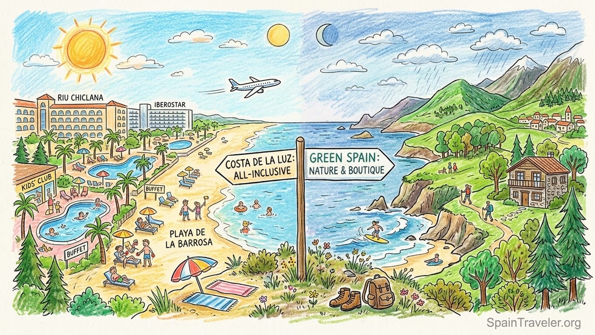 Sunrise over Playa de la Barrosa with a low-rise resort and dunes on Spain’s Costa de la Luz.