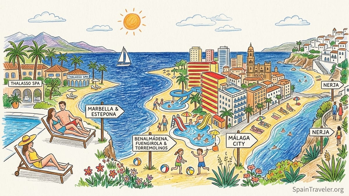 Aerial view of Costa del Sol beachfront resorts and family hotels along a sandy Mediterranean bay at sunset.