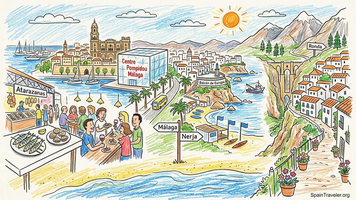 Early evening view of Málaga’s beachfront promenade curving toward the Costa del Sol cliffs.