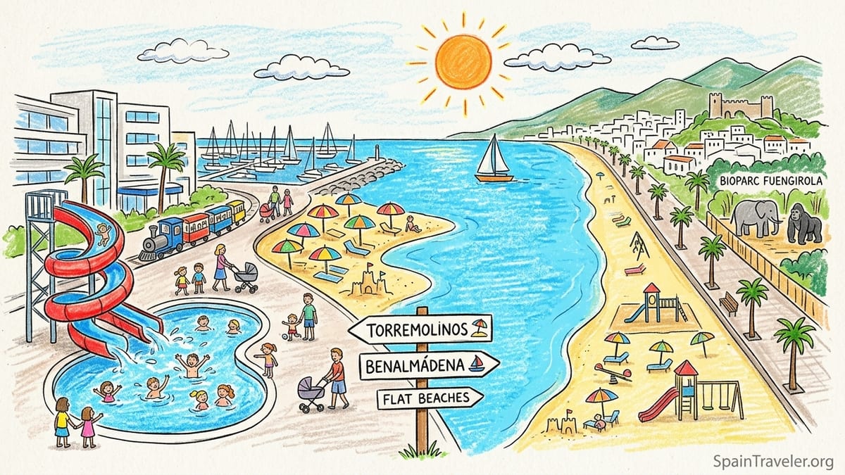 Families with children walking a palm-lined promenade beside a sandy beach on Spain’s Costa del Sol.