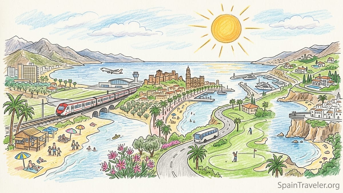 Aerial view of Costa del Sol coastline with sandy beaches, promenades and seaside towns at sunset.