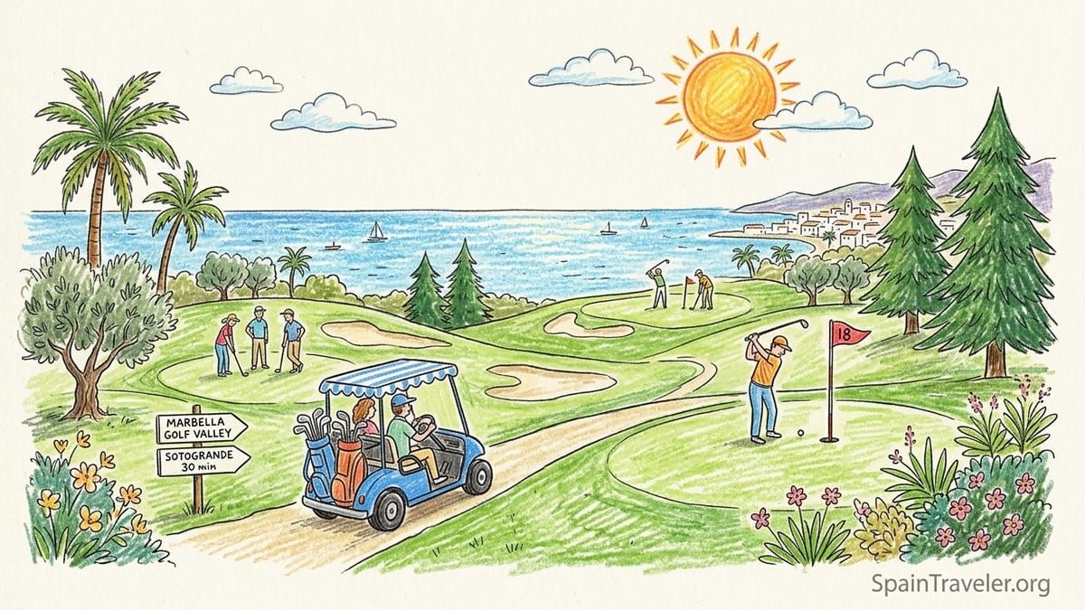 Early morning view over a Costa del Sol golf course with sea and white villas in the distance.