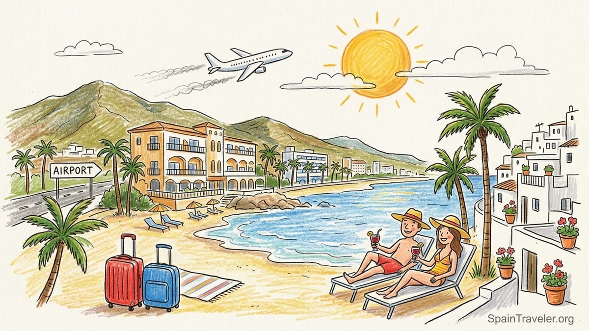 Sunrise over Costa del Sol beach with family-friendly hotels and upscale resorts along the shoreline.