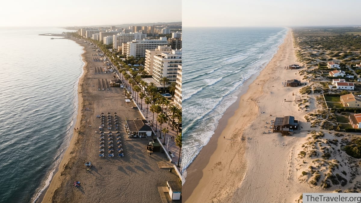 Aerial view contrasting the developed Costa del Sol with the wild sandy dunes of Costa de la Luz at sunset.