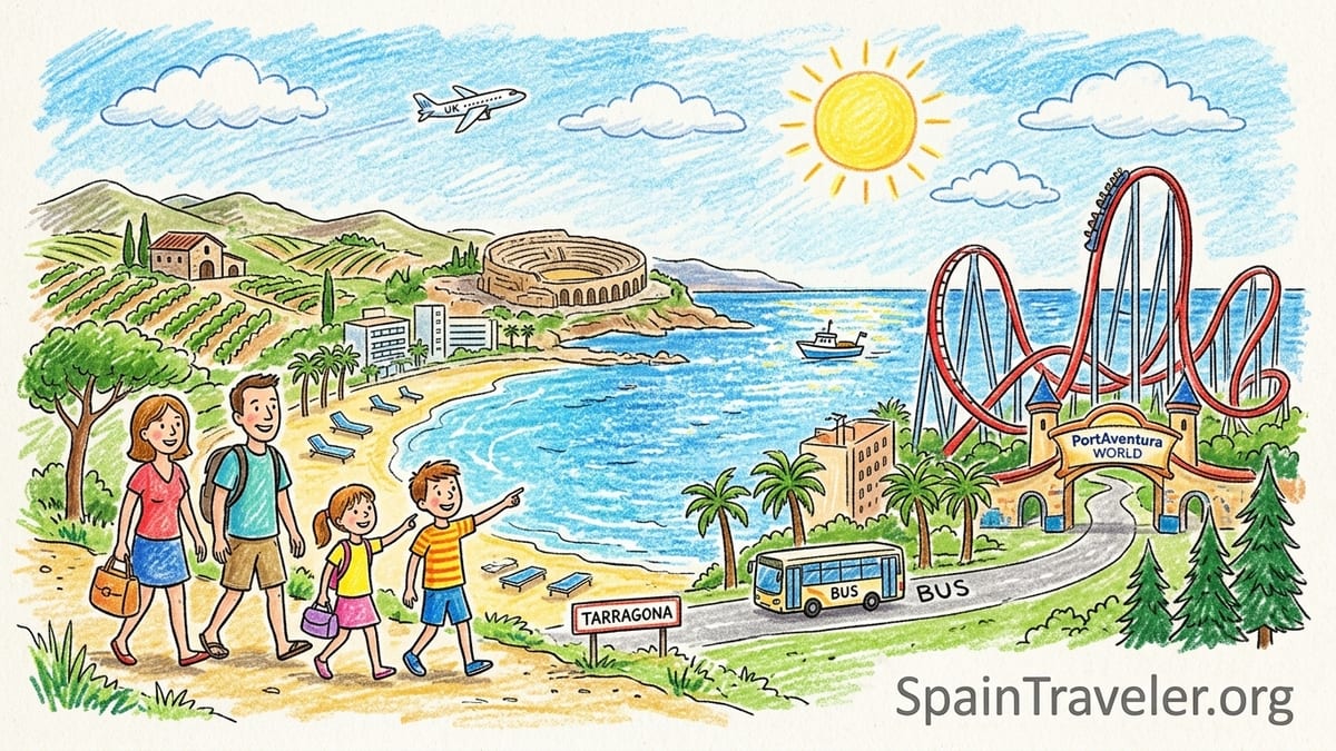 Family walking along Salou beach on the Costa Dorada with hotels and sea at sunset.