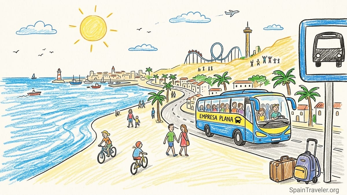 Coastal bus passing Salou promenade along a palm lined beach on Spain’s Costa Dorada at sunset.