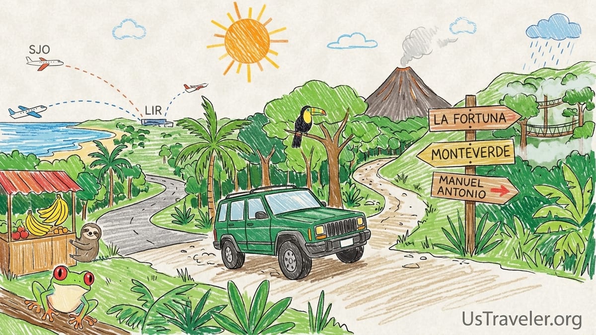 A compact SUV drives along a winding Costa Rican coastal highway above jungle and turquoise Pacific water.