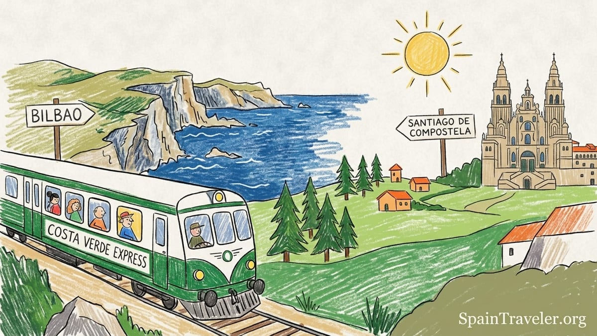 Costa Verde Express luxury train curving through the green northern coast of Spain at golden hour.