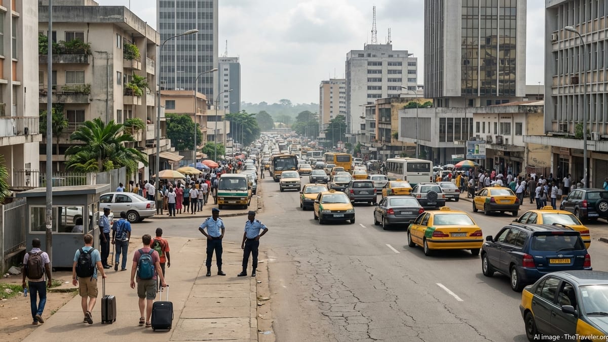 Busy street in central Abidjan with traffic, pedestrians and visible police presence under hazy daylight.