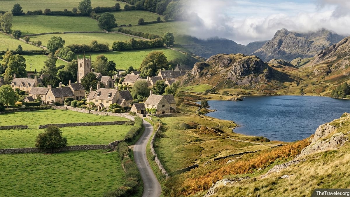 Panoramic view contrasting a Cotswolds stone village with Lake District fells and a lake.