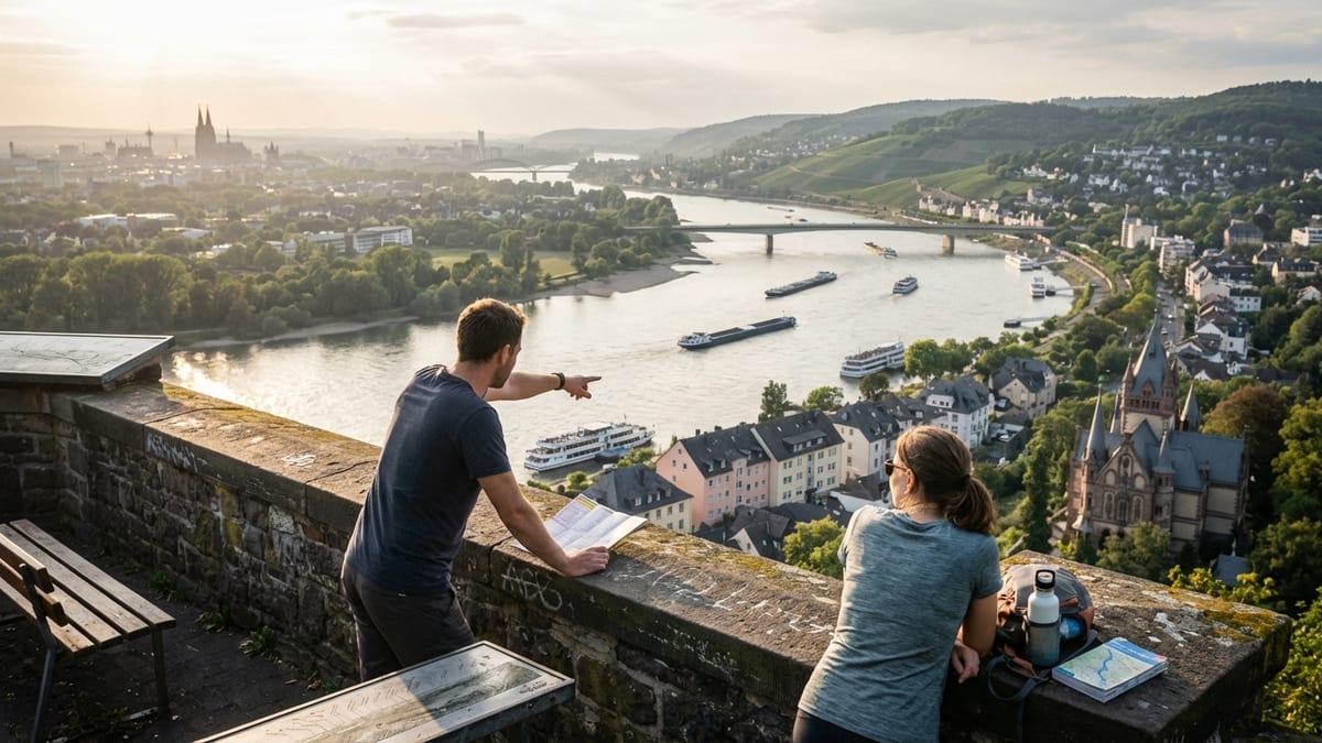 Couple overlooking Rhine River from Drachenfels terrace in late afternoon.