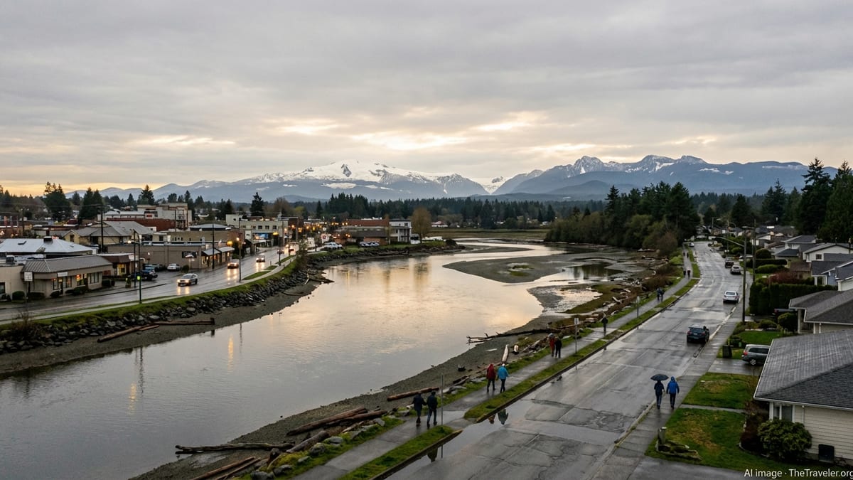 Courtenay BC skyline and river estuary with mountains in the distance under a grey sky.