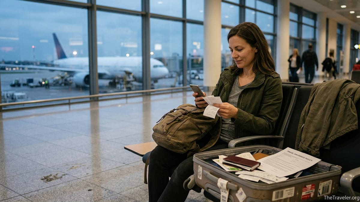 Traveler reviewing Cover-More travel insurance documents in an airport lounge.