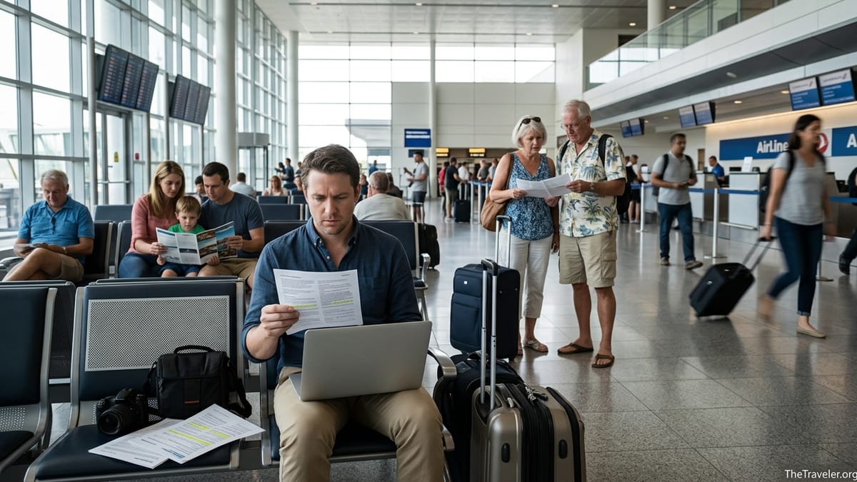 Traveler reviewing printed travel insurance documents at a busy airport departure hall.
