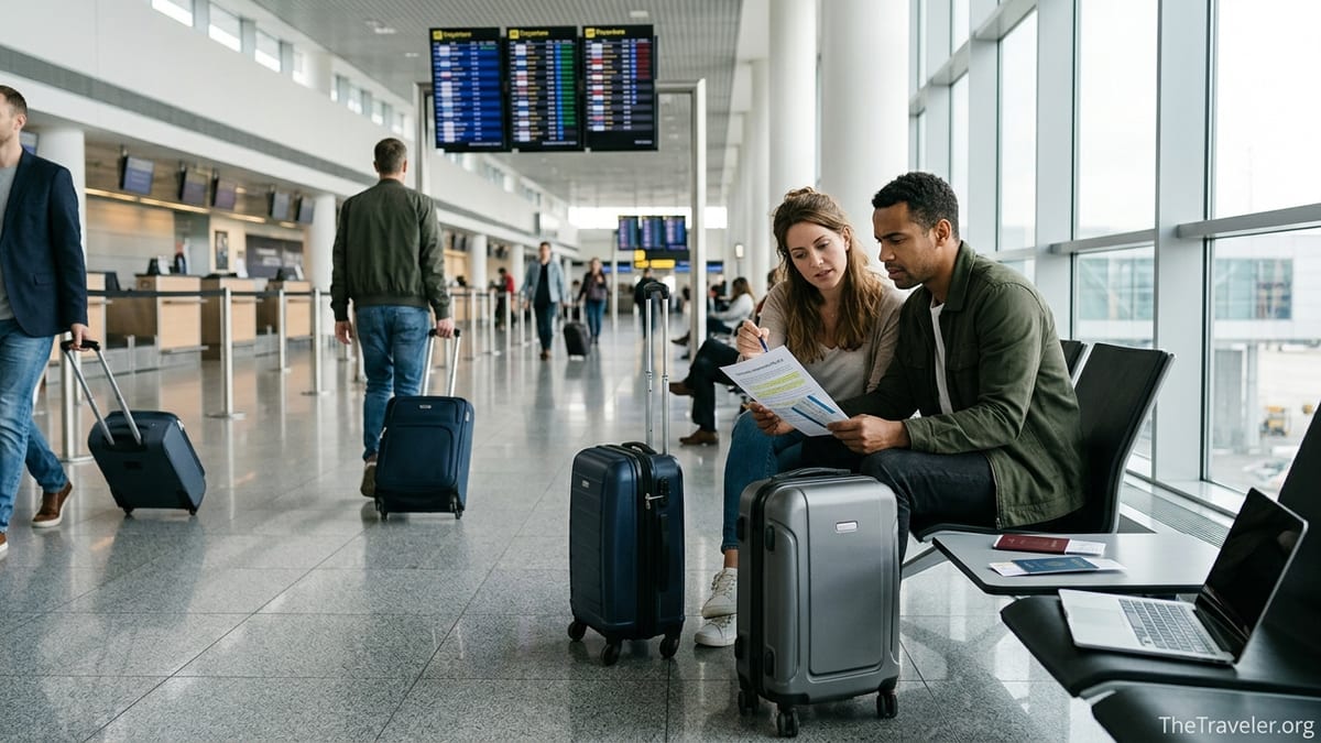 Travelers in an airport terminal reviewing a printed travel insurance policy before departure.