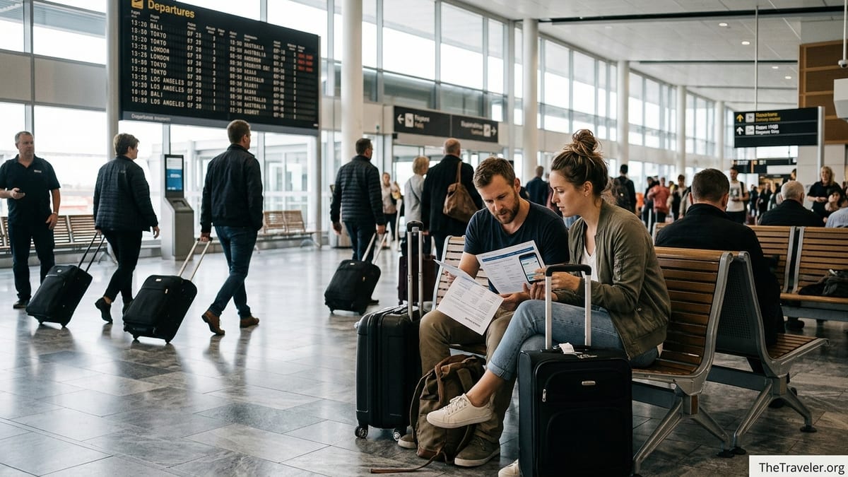 Travellers in an Australia or New Zealand airport comparing travel insurance documents before an international flight.