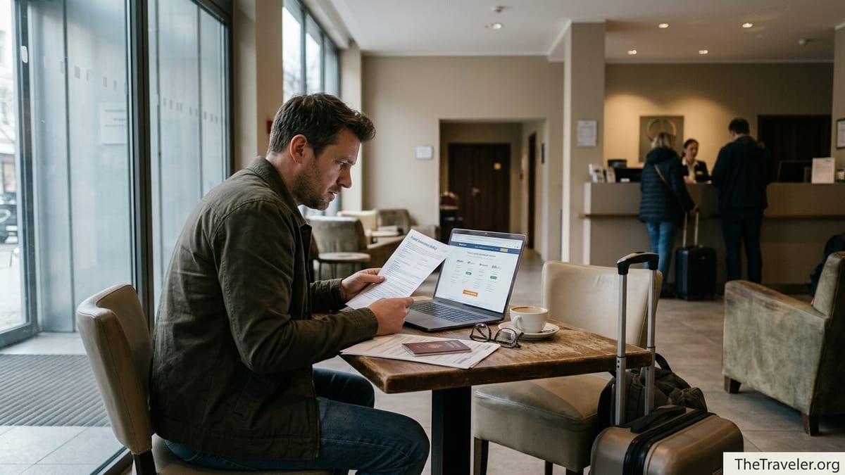 Traveler in a hotel lobby reviewing travel insurance documents with a worried expression.