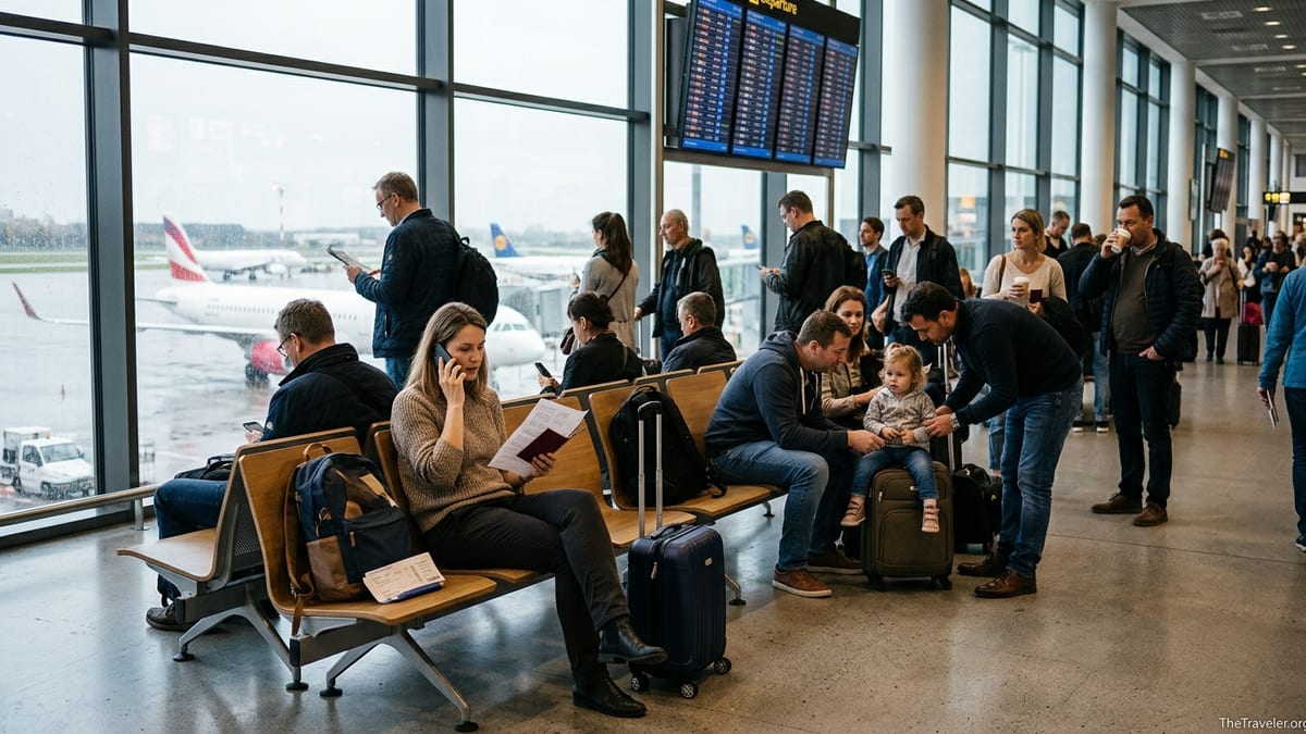 Traveler at airport checking travel insurance documents while calling assistance line.