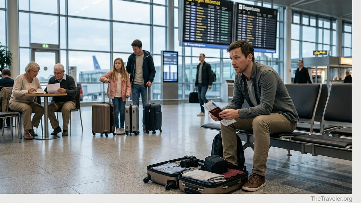 Traveler in a busy European airport checking travel insurance documents before departure.