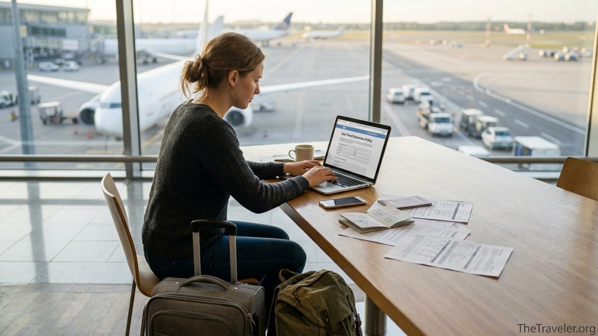 Traveller reviewing travel insurance documents on a laptop in a bright airport lounge.
