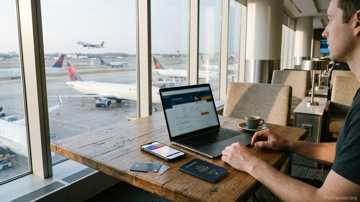 Traveler in an airport lounge comparing credit card points options on laptop and phone.