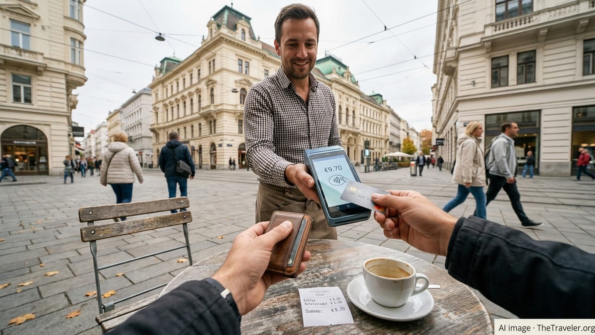 Traveler paying by credit card at a Vienna café, receipt in euros on the table.