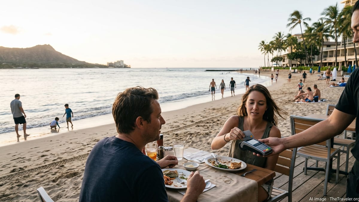 Traveler paying with a credit card at a cafe on Waikiki Beach in Hawaii at sunset.
